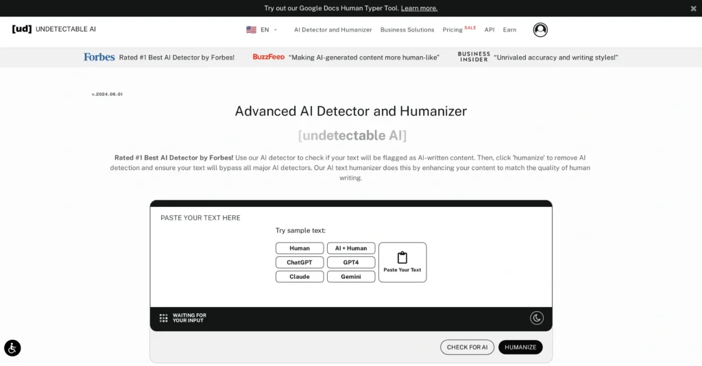 Undetectable AI interface showing homepage