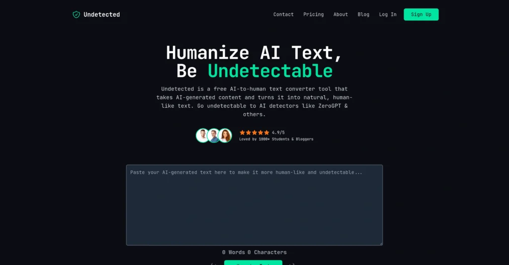 Undetected interface showing homepage