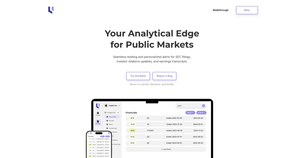 Unlevered interface showing homepage