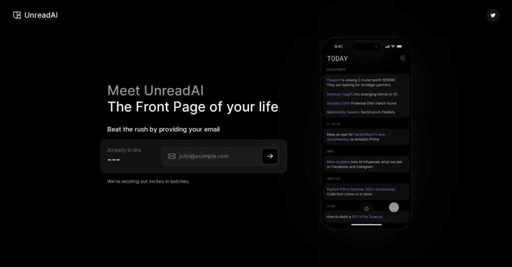 UnreadAI interface showing homepage