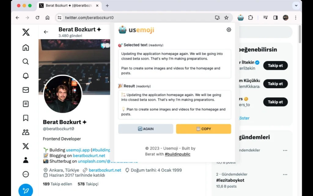 Oji interface showing homepage