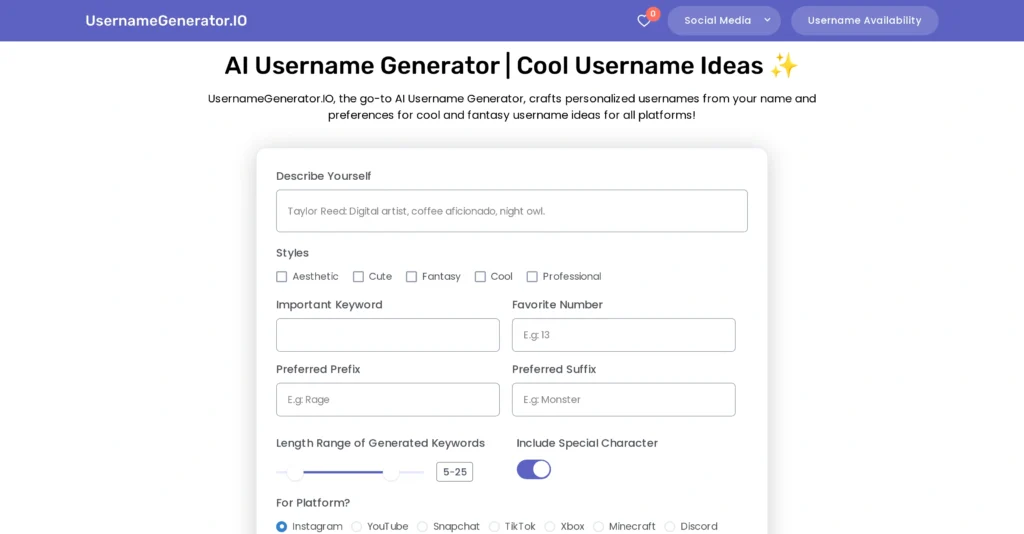 UsernameGenerator interface showing homepage