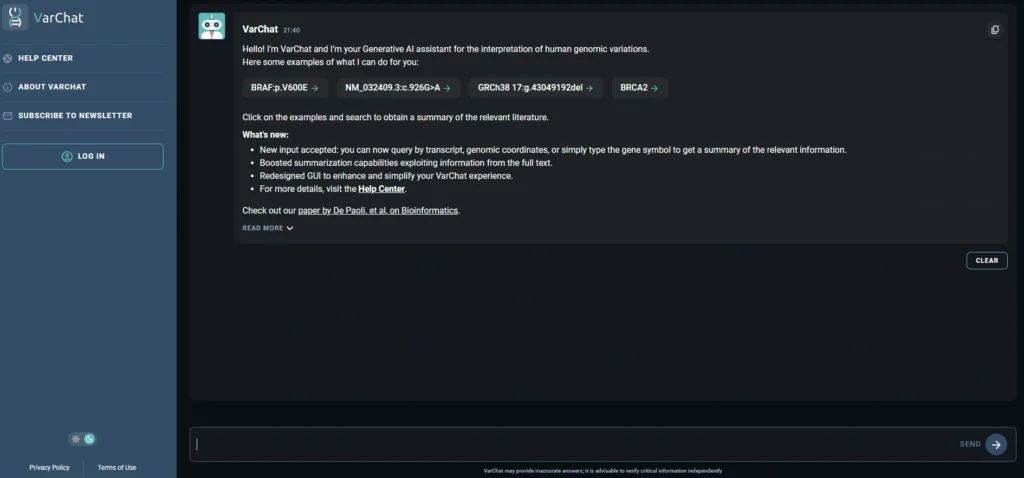 VarChat interface showing homepage