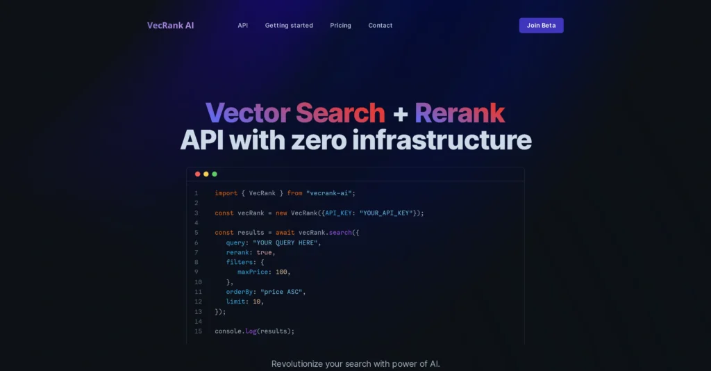VecRank interface showing homepage