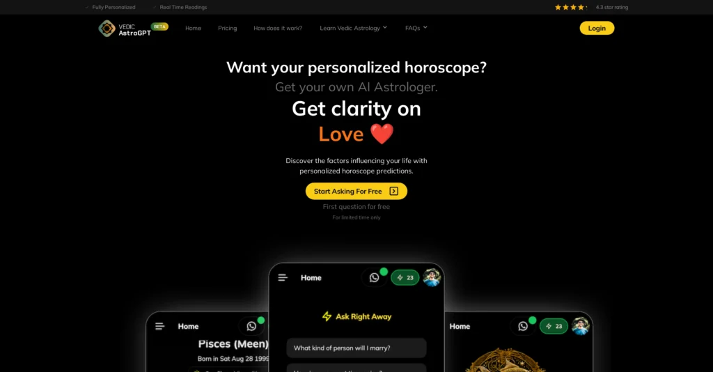 Vedic AstroGPT interface showing homepage
