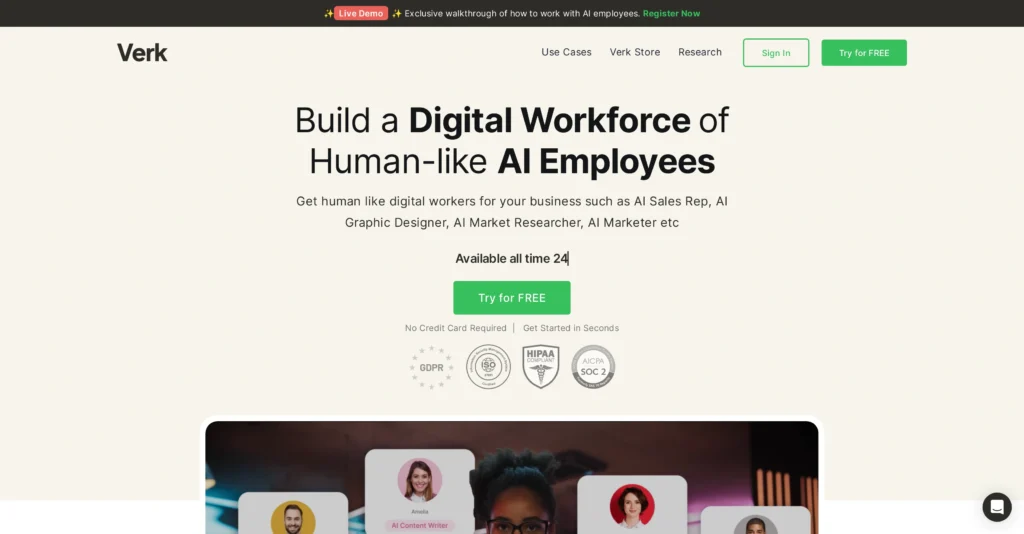 Verk interface showing homepage