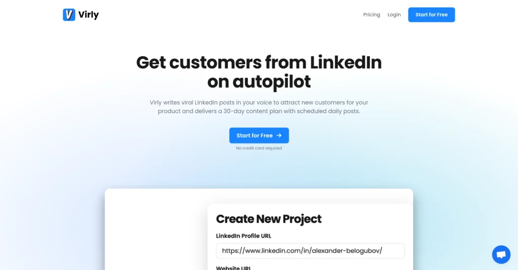 Virly interface showing homepage