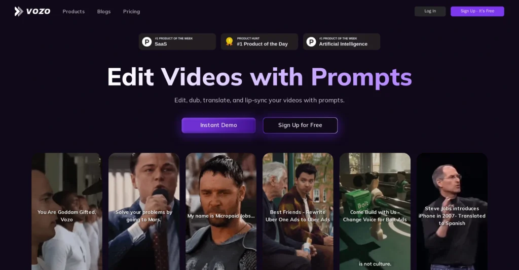 Vozo interface showing homepage