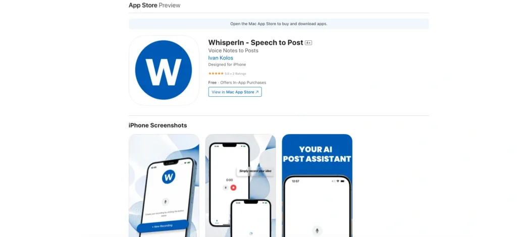 WhisperIn - Speech to Post interface showing homepage