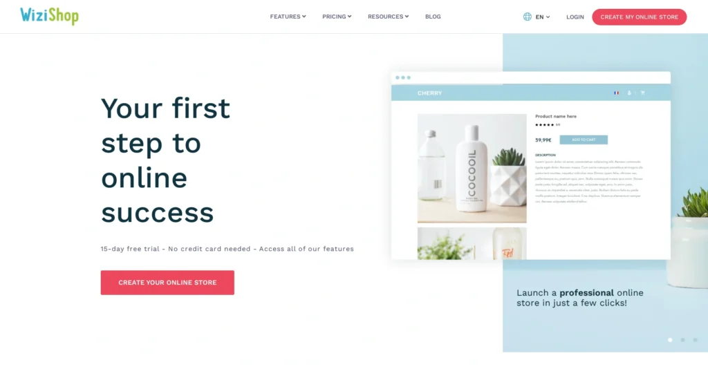 Wizishop interface showing homepage