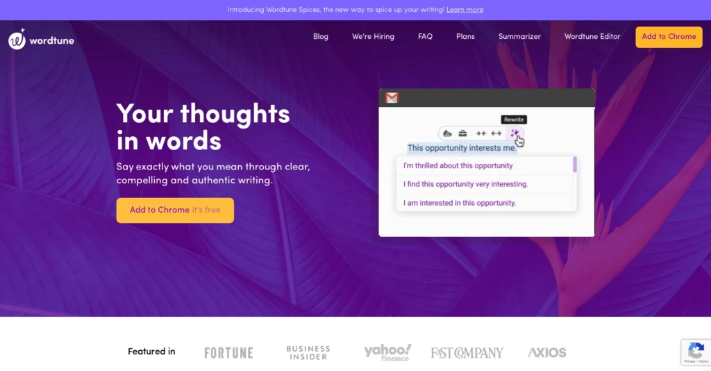Wordtune interface showing homepage