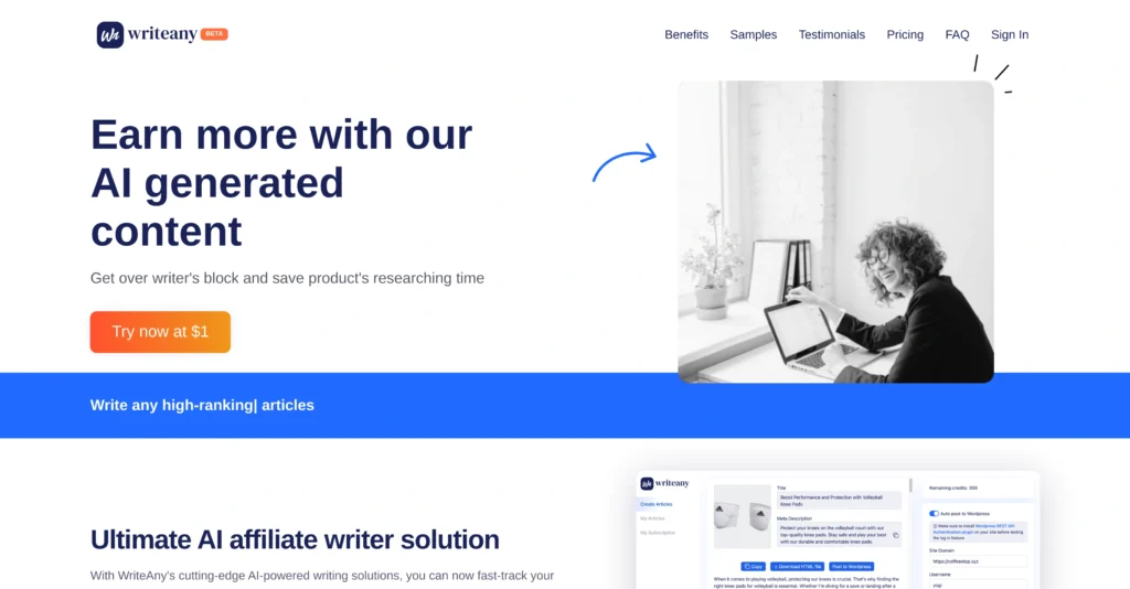 Writeany interface showing homepage