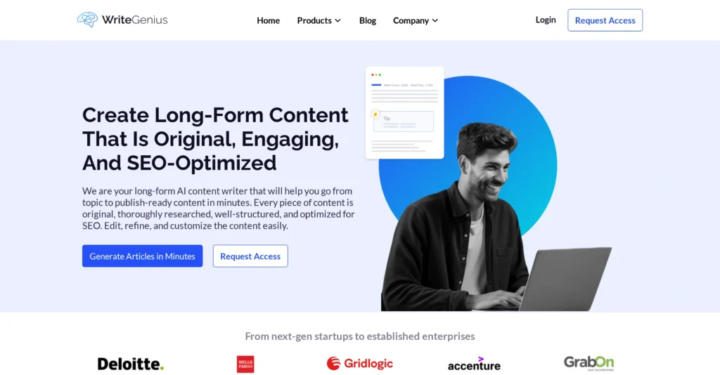 WriteGenius interface showing homepage