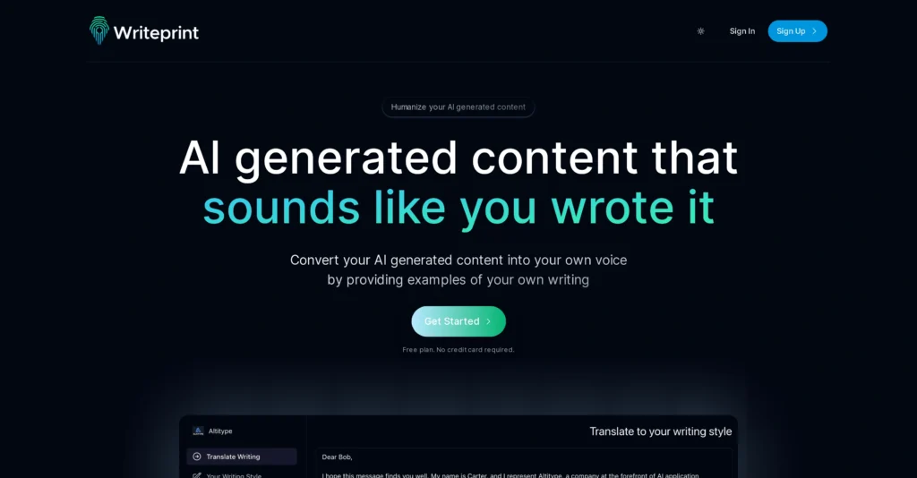 Writeprint.ai interface showing homepage