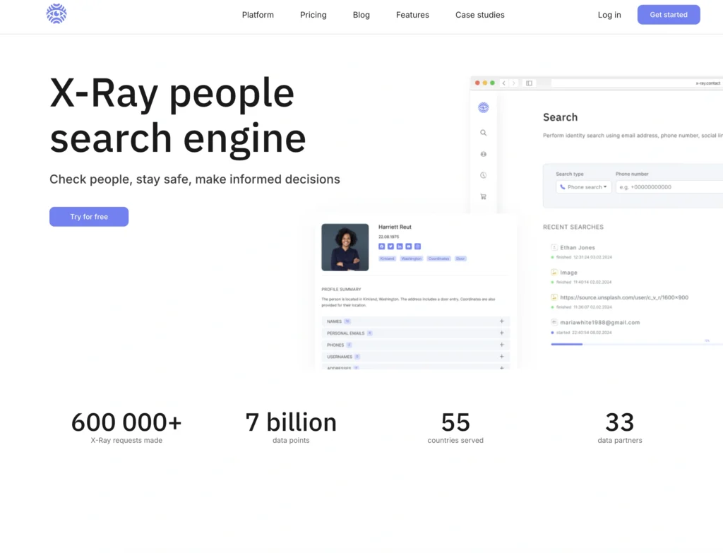 X-Ray Contact interface showing homepage