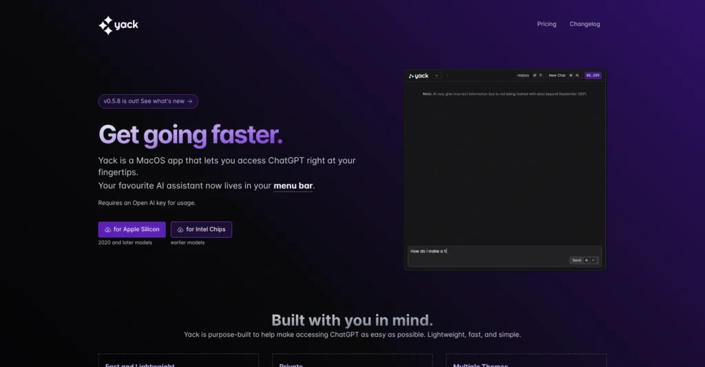 Yack interface showing homepage