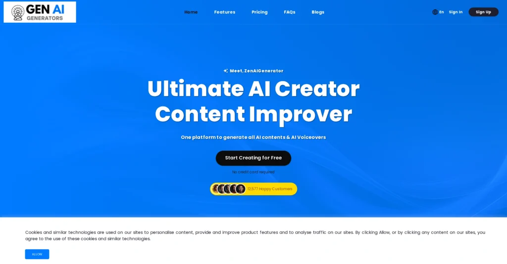 Zen AI Generator interface showing homepage