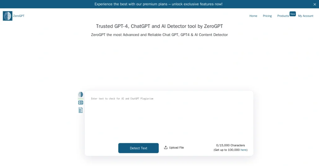 ZeroGPT interface showing homepage